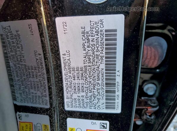 1HGCV3F20NA044074 2022 HONDA ACCORD Black 