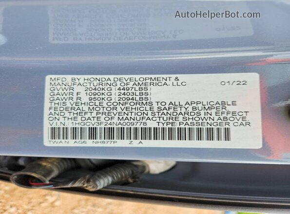 1HGCV3F24NA009778 2022 HONDA ACCORD Gray Widok komory silnika
