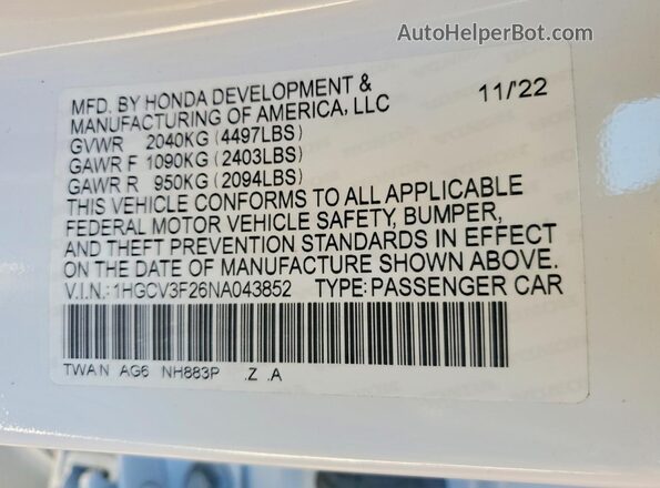 1HGCV3F26NA043852 2022 HONDA ACCORD White Widok naklejki z numerem VIN