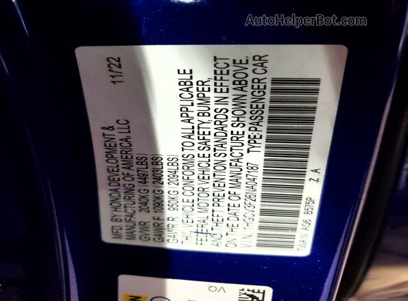 1HGCV3F26NA047187 2022 HONDA ACCORD Blue ძრავის განყოფილების ხედი