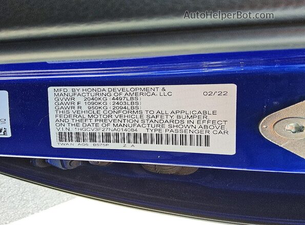 1HGCV3F27NA014084 2022 HONDA ACCORD Blue Engine compartment view