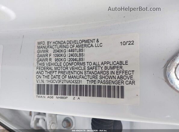 1HGCV3F27NA043231 2022 HONDA ACCORD Белый Вид подкапотного пространства