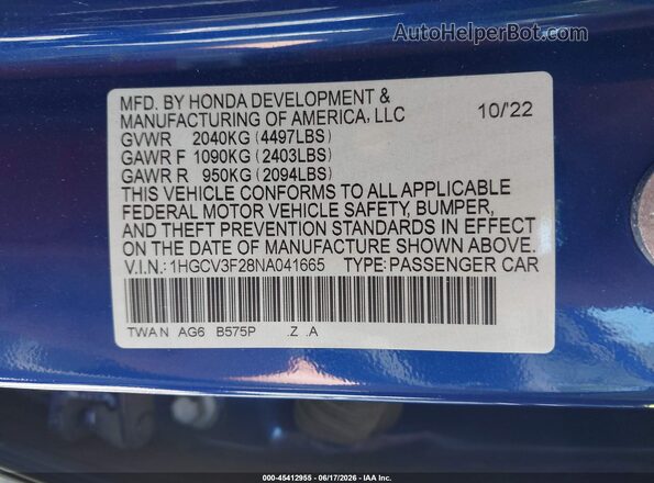 1HGCV3F28NA041665 2022 HONDA ACCORD Blue Շարժիչի բաժամունքի տեսք