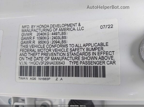 1HGCV3F29NA030643 2022 HONDA ACCORD HYBRID White 