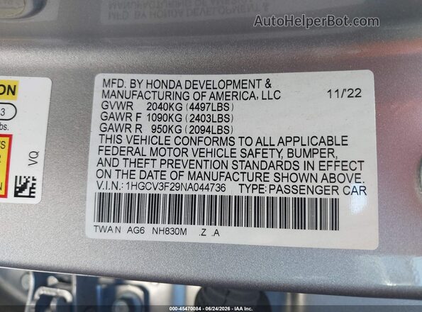 1HGCV3F29NA044736 2022 HONDA ACCORD Silver Widok komory silnika