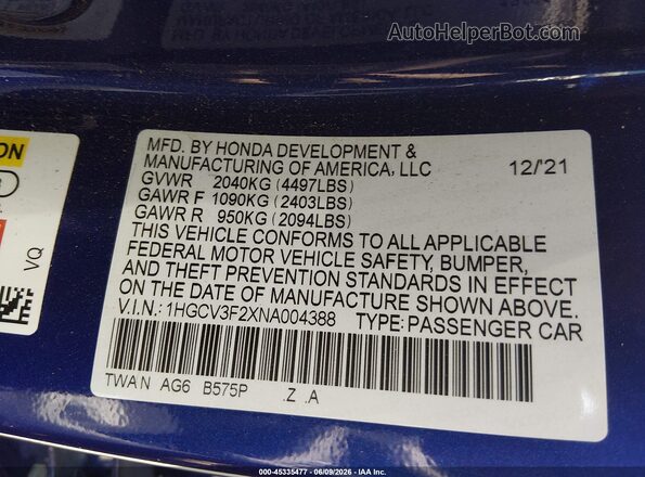 1HGCV3F2XNA004388 2022 HONDA ACCORD Blue Widok komory silnika