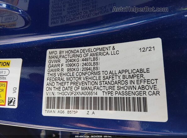 1HGCV3F2XNA006514 2022 HONDA ACCORD Синий Вид подкапотного пространства