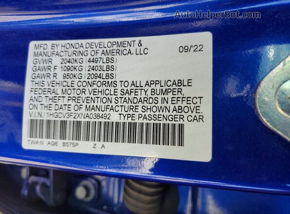 1HGCV3F2XNA038492 2022 HONDA ACCORD Blue 