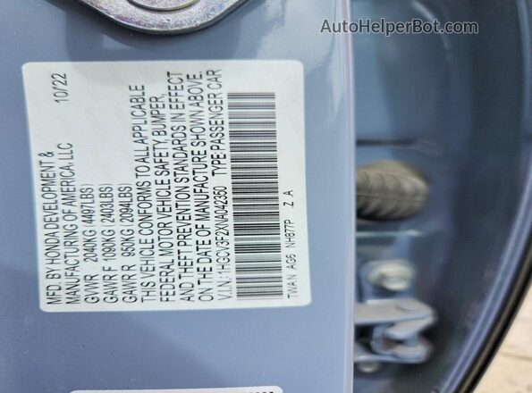 1HGCV3F2XNA042350 2022 HONDA ACCORD Blue Շարժիչի բաժամունքի տեսք
