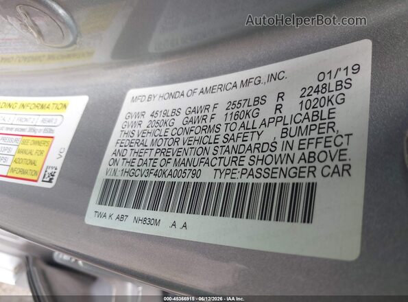 1HGCV3F40KA005790 2019 HONDA ACCORD Black Widok komory silnika
