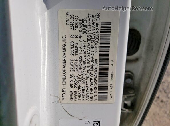 1HGCV3F42KA010909 2019 VOLVO ACCORD White Widok naklejki z numerem VIN