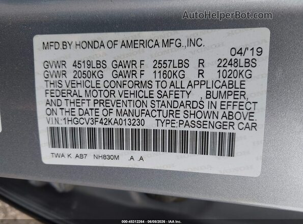 1HGCV3F42KA013230 2019 HONDA ACCORD Silver Շարժիչի բաժամունքի տեսք