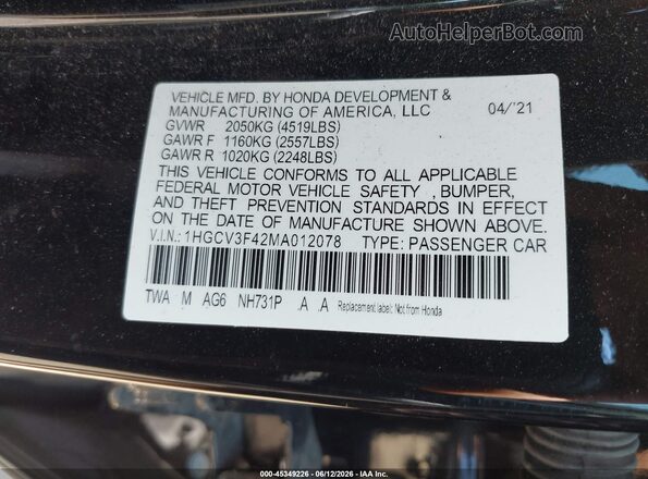1HGCV3F42MA012078 2021 HONDA ACCORD Black Widok komory silnika
