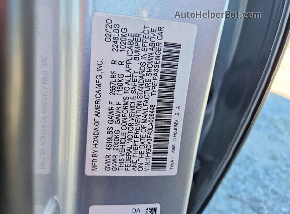 1HGCV3F43LA006448 2020 HONDA ACCORD Silver Engine compartment view