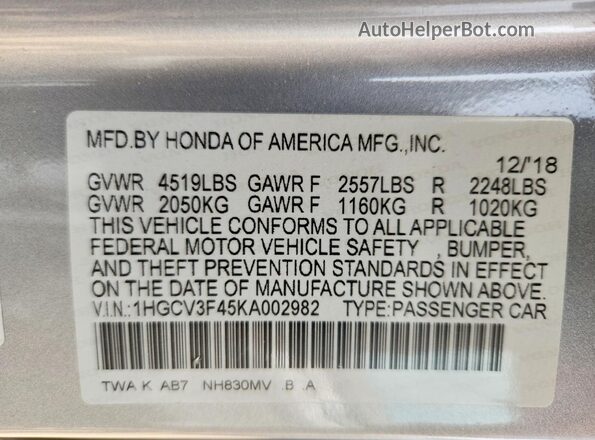 1HGCV3F45KA002982 2019 HONDA ACCORD Silver Vista del compartimento del motor