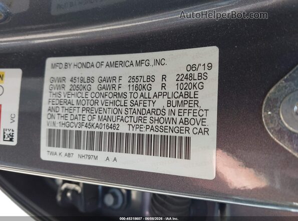1HGCV3F45KA016462 2019 HONDA ACCORD Gray Вид підкапотного простору