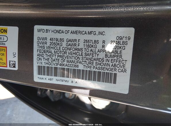 1HGCV3F46KA022366 2019 HONDA ACCORD Gray ძრავის განყოფილების ხედი