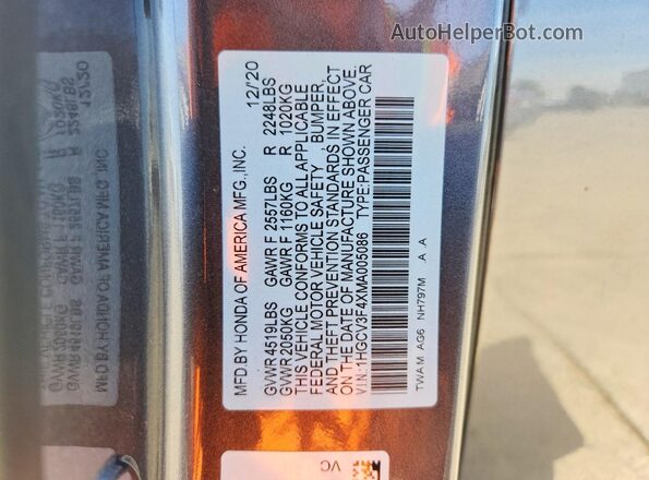 1HGCV3F4XMA005086 2021 HONDA ACCORD Серый 