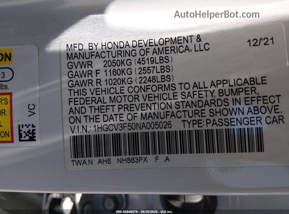 1HGCV3F50NA005026 2022 HONDA ACCORD White Вид підкапотного простору