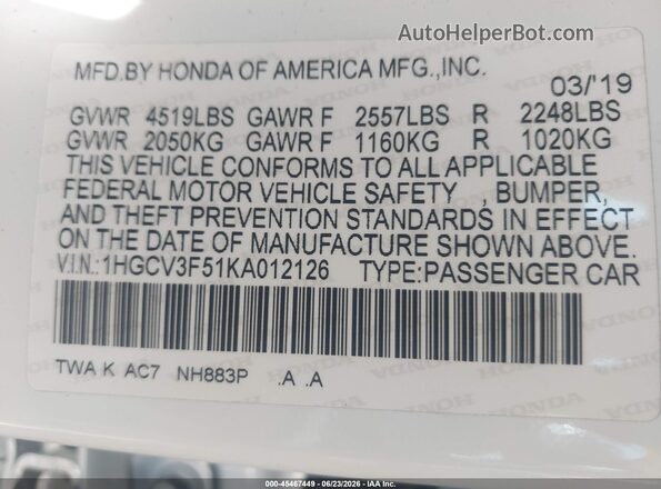 1HGCV3F51KA012126 2019 HONDA ACCORD White Vista del compartimento del motor