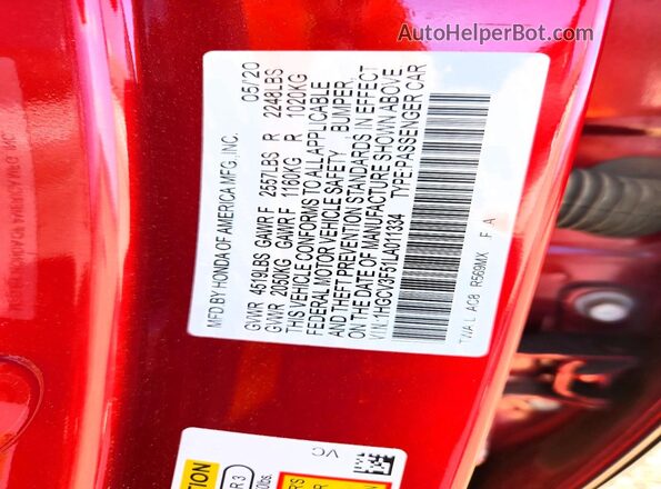 1HGCV3F51LA011334 2020 HONDA ACCORD Red 