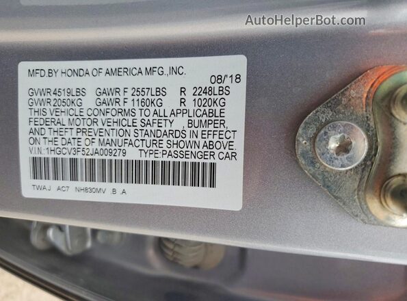 1HGCV3F52JA009279 2018 HONDA ACCORD Silver Vista del compartimento del motor