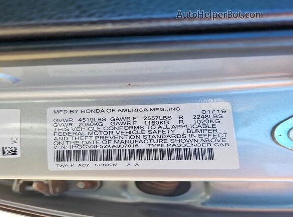 1HGCV3F52KA007016 2019 HONDA ACCORD Silver 