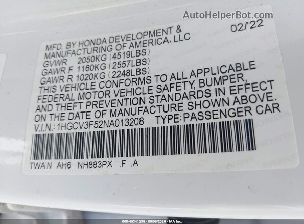 1HGCV3F52NA013208 2022 HONDA ACCORD White Вид підкапотного простору