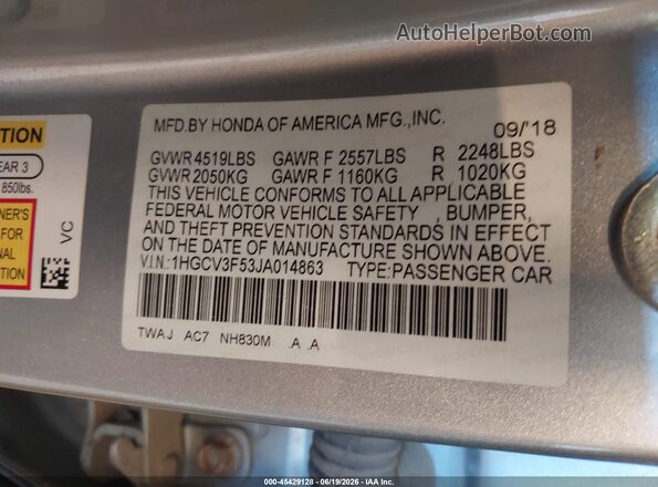 1HGCV3F53JA014863 2018 HONDA ACCORD Silver Շարժիչի բաժամունքի տեսք