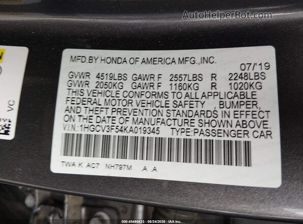 1HGCV3F54KA019345 2019 HONDA ACCORD Gray Շարժիչի բաժամունքի տեսք