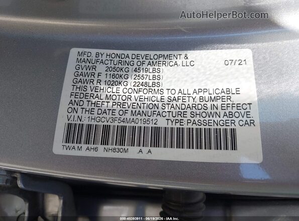 1HGCV3F54MA019512 2021 HONDA ACCORD HYBRID Silver Շարժիչի բաժամունքի տեսք