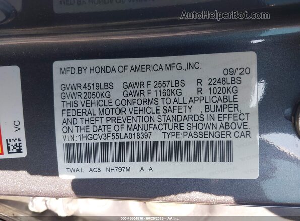 1HGCV3F55LA018397 2020 HONDA ACCORD Gray Engine compartment view