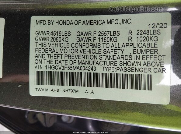 1HGCV3F55MA004243 2021 HONDA ACCORD Gray Vista del compartimento del motor