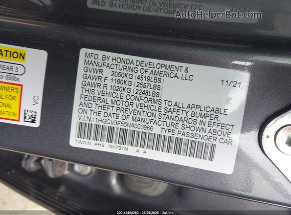 1HGCV3F55NA003966 2022 HONDA ACCORD Gray ძრავის განყოფილების ხედი