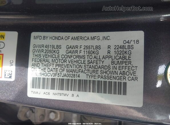 1HGCV3F57JA002814 2018 HONDA ACCORD Gray Widok komory silnika