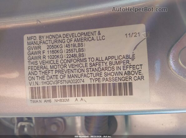 1HGCV3F57NA002074 2022 HONDA ACCORD HYBRID Silver ძრავის განყოფილების ხედი