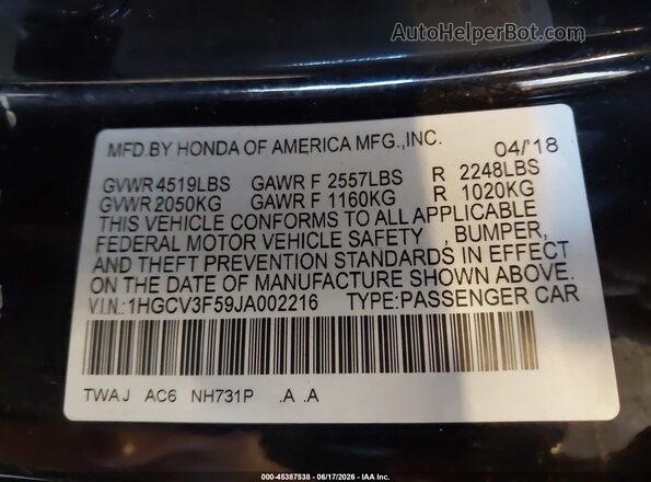 1HGCV3F59JA002216 2018 HONDA ACCORD Black Engine compartment view