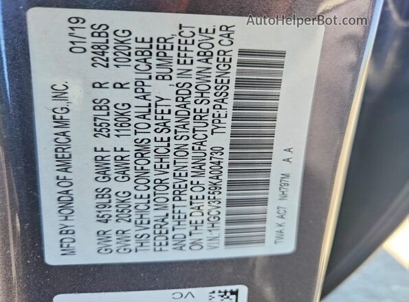 1HGCV3F59KA004730 2019 HONDA ACCORD Gray 