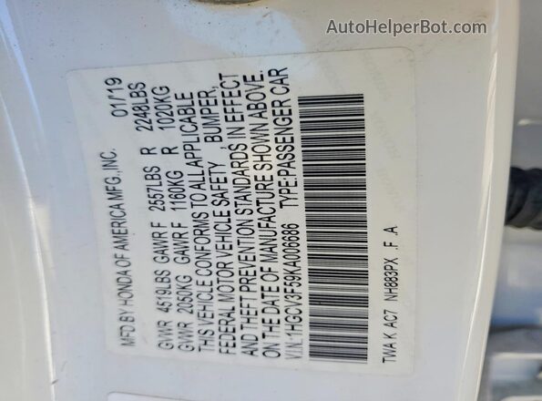 1HGCV3F59KA006686 2019 HONDA ACCORD White VIN კოდის სტიკერის ხედი