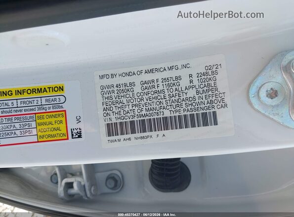 1HGCV3F59MA007873 2021 HONDA ACCORD White Engine compartment view