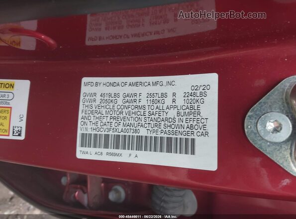 1HGCV3F5XLA007380 2020 HONDA ACCORD Maroon Widok komory silnika