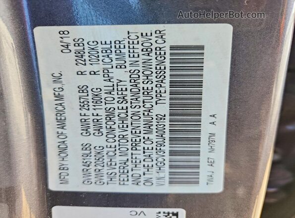 1HGCV3F90JA003192 2018 HONDA ACCORD Gray ძრავის განყოფილების ხედი