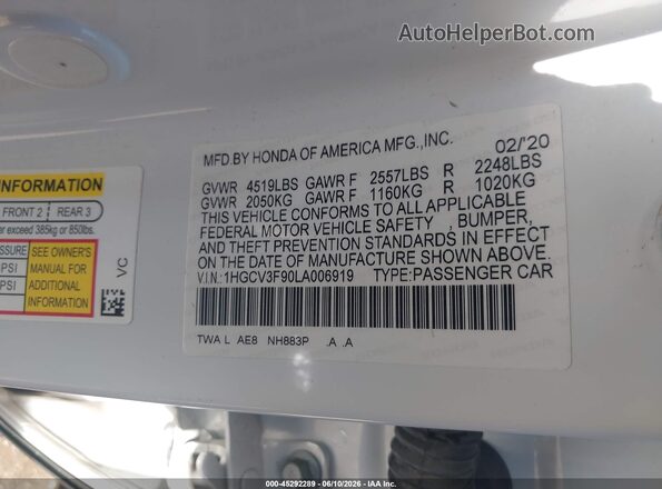 1HGCV3F90LA006919 2020 HONDA ACCORD Белый Вид подкапотного пространства
