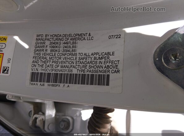 1HGCV3F90NA031306 2022 HONDA ACCORD White Widok komory silnika