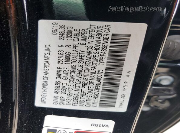 1HGCV3F91LA000126 2020 HONDA ACCORD Black Widok naklejki z numerem VIN