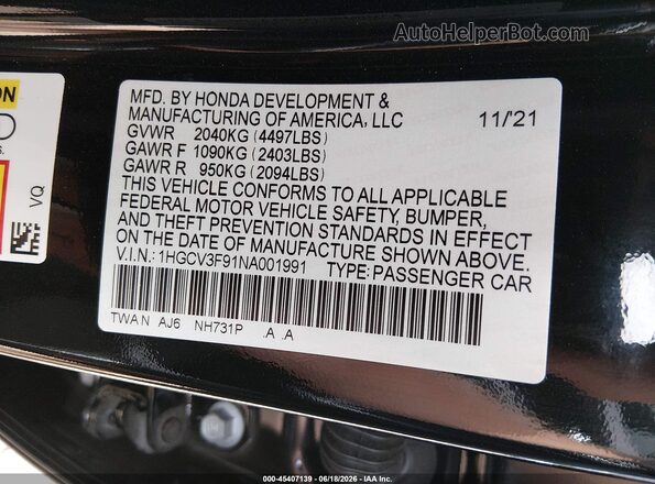 1HGCV3F91NA001991 2022 HONDA ACCORD Black ძრავის განყოფილების ხედი