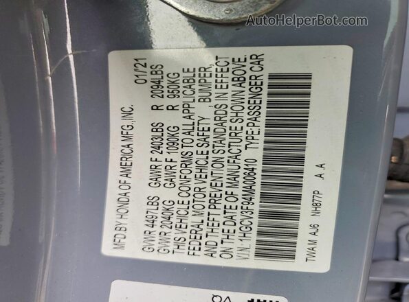 1HGCV3F94MA006410 2021 HONDA ACCORD Gray Շարժիչի բաժամունքի տեսք