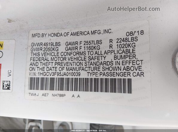 1HGCV3F95JA010039 2018 HONDA ACCORD Белый Вид подкапотного пространства