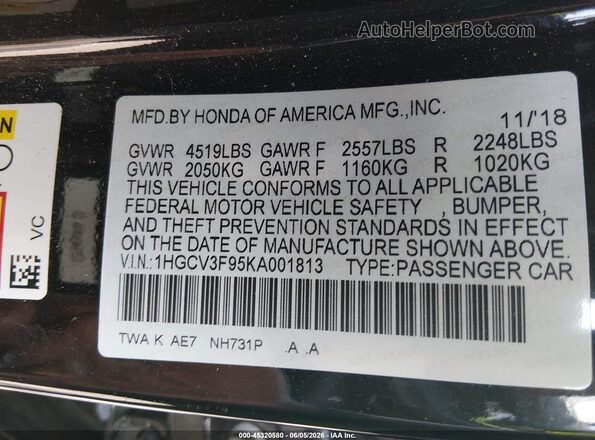 1HGCV3F95KA001813 2019 HONDA ACCORD Black Շարժիչի բաժամունքի տեսք