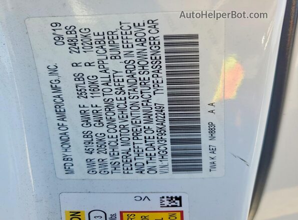 1HGCV3F95KA022497 2019 HONDA ACCORD White 